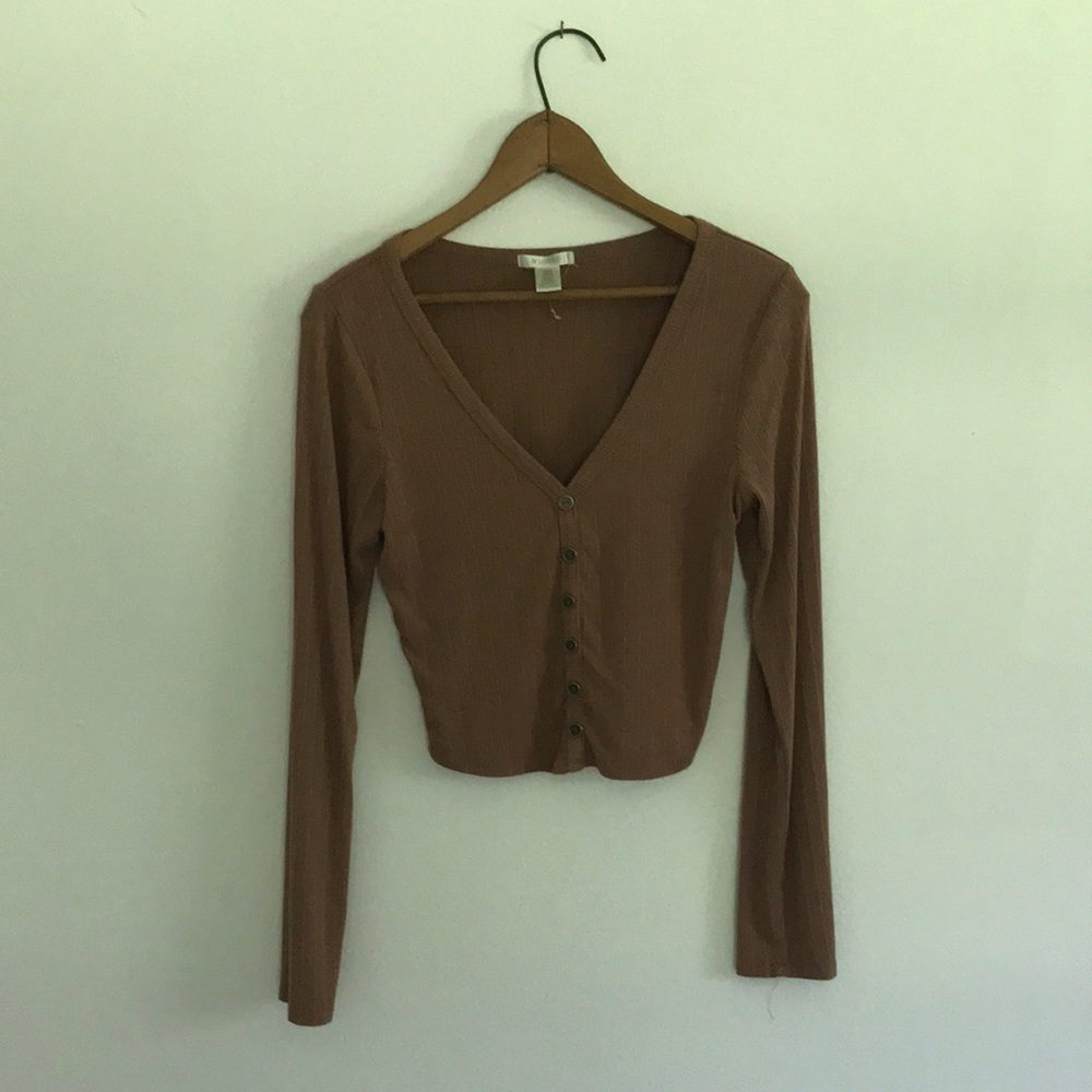 5for25  Bozzolo Brown V Neck Lined Soft & Stretchy Long Sleeve Crop Top Shirt